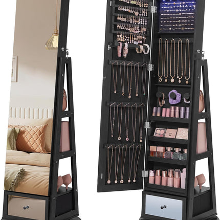 SONGMICS LED Jewelry Organizer, Full Length Mirror with Storage, Rotating