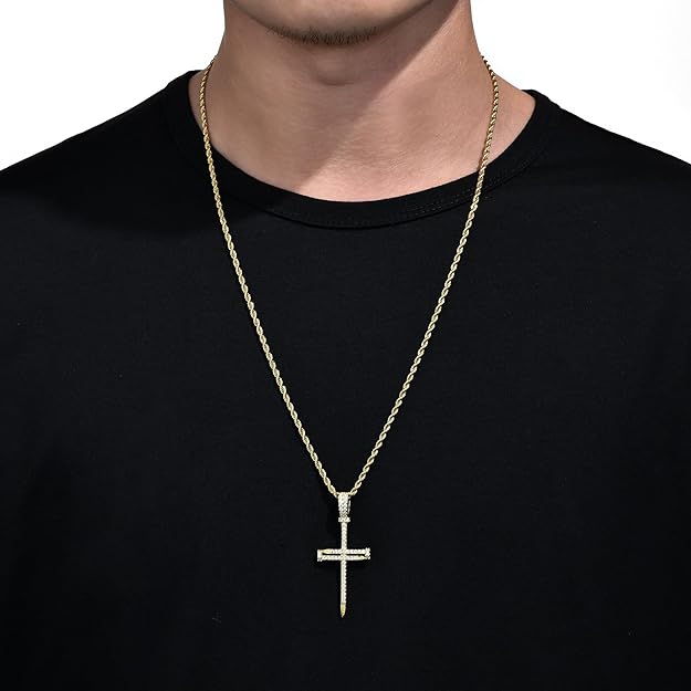 925 Sterling Silver Nail Cross Pendant Necklace Chain for Men Women Iced Out 14K Gold White Gold Plated Christian Jewelry with Gift Box