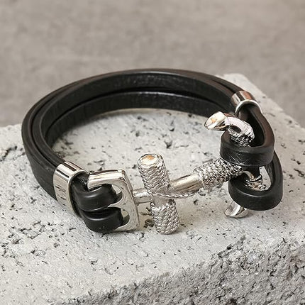 HAQUIL Double Layer Black Leather Bracelet for Men