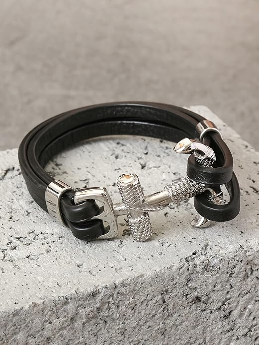 HAQUIL Double Layer Black Leather Bracelet for Men