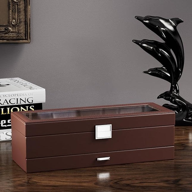 Lolalet Watch Case for Men, 6 Slot Watch Display Case with Clear Glass Lid, 2-Layer Mens Watch Box Watch Holder, 6 Watch Box Organizer, Watch Storage Case With Drawer -Espresso