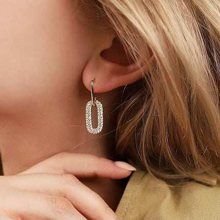 OZEL – CZ Chain Link Dangle Earrings for Women with Cubic Zirconia Stones – 14k Yellow Gold or White Gold Plated Square Oval Round U Shape