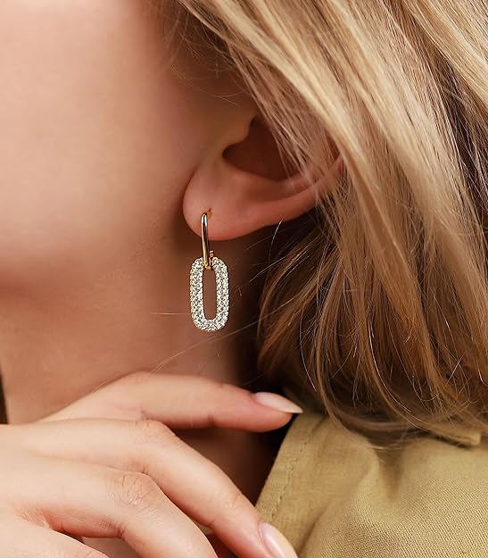 OZEL – CZ Chain Link Dangle Earrings for Women with Cubic Zirconia Stones – 14k Yellow Gold or White Gold Plated Square Oval Round U Shape