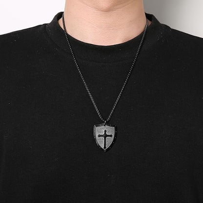 HZMAN Shield Armor of God Ephesians 6:16-17, Faith Cross Stainless Steel Pendant Necklace