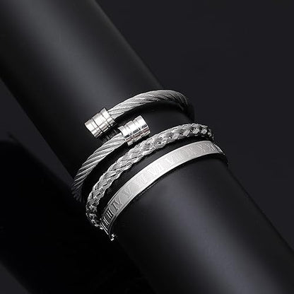 3PCS Stainless Steel Bracelets for Men Gold Roman Numeral Bangle Bracelet