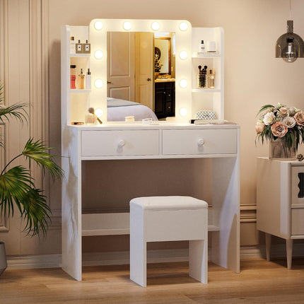 Haewon Makeup Vanity Desk with Lighted Mirror and Chair Set, White