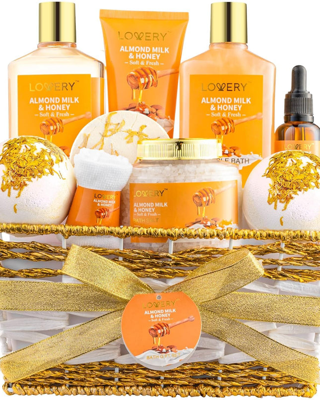 Gift Basket for Women - 10 Pc Almond Milk & Honey Beauty & Personal Care Set - Home Bath Pampering Package for Relaxing - Spa Self Care Kit - Thank You, Birthday, Mom, Anniversary Gift