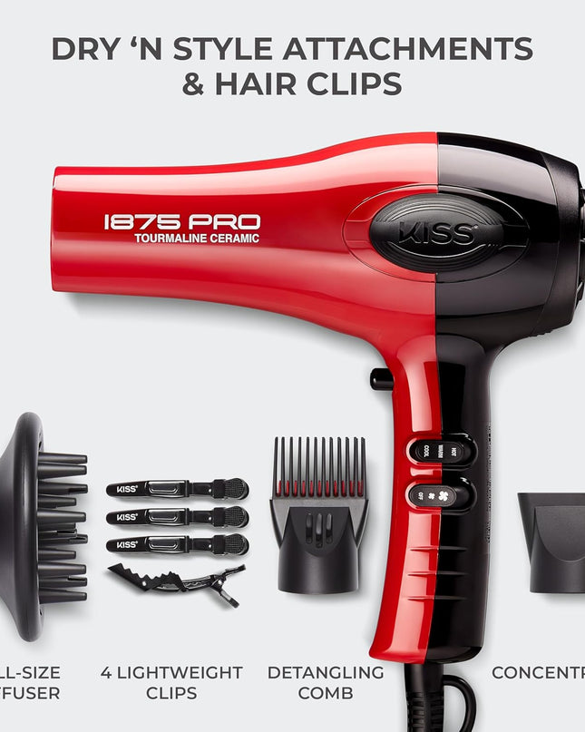 KISS 1875 Watt Pro Tourmaline Ceramic Hair Dryer, Styling Edition, 3 Heat Settings, 2 Speed Settings, Cool Shot Button, 7 Blow Dryer Accessories Included, 2-Year Warranty - Red