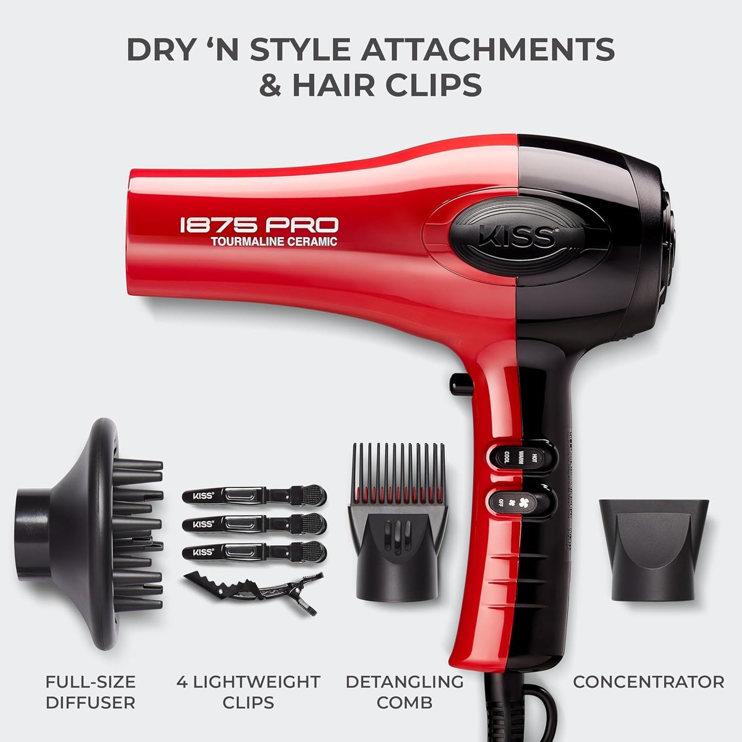 KISS 1875 Watt Pro Tourmaline Ceramic Hair Dryer, Styling Edition, 3 Heat Settings, 2 Speed Settings, Cool Shot Button, 7 Blow Dryer Accessories Included, 2-Year Warranty - Red