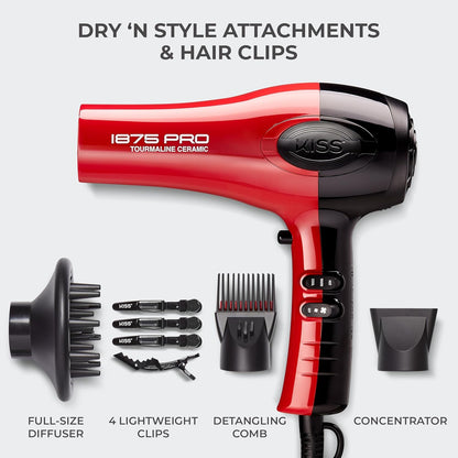 KISS 1875 Watt Pro Tourmaline Ceramic Hair Dryer, Styling Edition, 3 Heat Settings, 2 Speed Settings, Cool Shot Button, 7 Blow Dryer Accessories Included, 2-Year Warranty - Red
