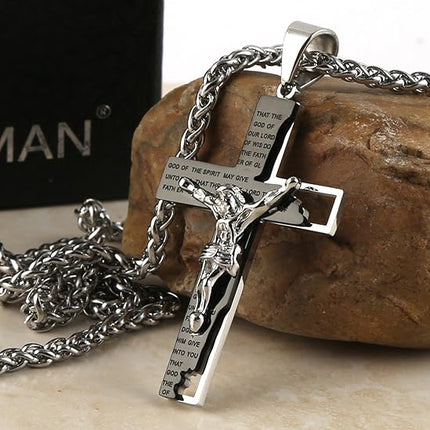 HZMAN Men's Stainless Steel Cross Crucifix Bible Prayer Pendant Necklace 22+2" Chain