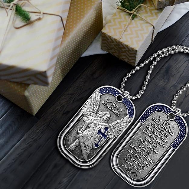 Police Challenge Coin- St Michael Archangel Pendant, Law Enforcement Saint Michael Dog Tag Necklace for Men