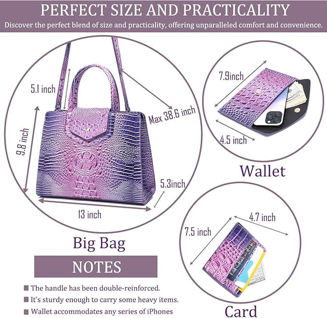 Women Embossed Pattern Satchel Handbags Wallet 3 pcs Set Crossbody Tote Top Handle Vegan Leather Ladies Bag