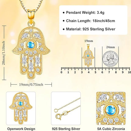 925 Sterling Silver Jewelry for Women, Hamsa Hand of Fatima Evil Eye Jewelry with Cubic Zirconia, Comes with Black Jewelry Gift Box