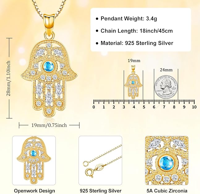925 Sterling Silver Jewelry for Women, Hamsa Hand of Fatima Evil Eye Jewelry with Cubic Zirconia, Comes with Black Jewelry Gift Box