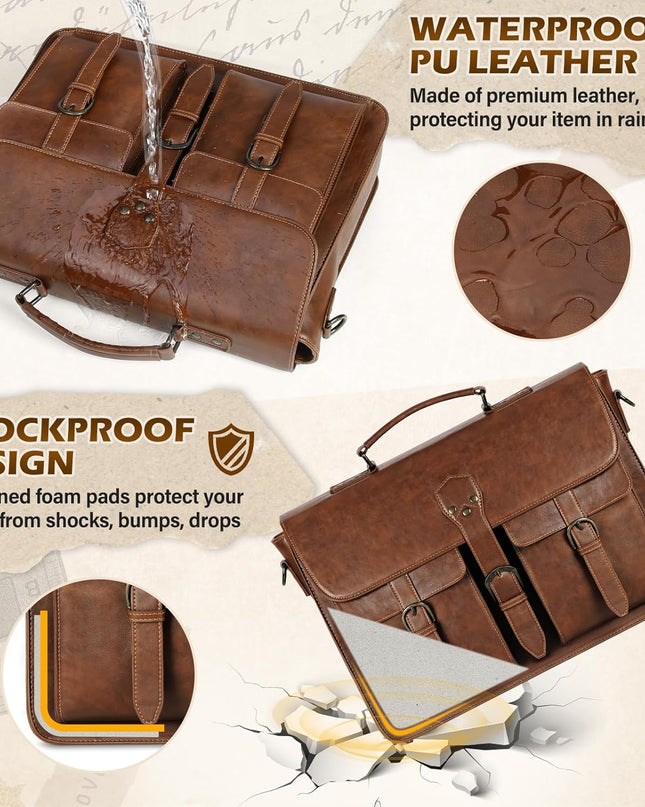 RAINSMORE Messenger Bag for Men 15.6 Inch Leather Vintage Laptop Briefcase Large Laptop Bag Waterproof Satchel Bag Computer Shoulder Bag for Office Work Travel College, Brown