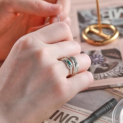 925 Sterling Silver Ring Feather Ring/Feather Black Onyx Rings/Feather Turquoise Rings Adjustable Feather Ring Stacking Ring Vintage Statement Ring for Women