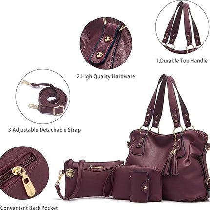 Soperwillton Fashion Handbag for Women Shoulder Bag Top Handle Satchel Hobo Tote Bag Purse Set 4pcs
