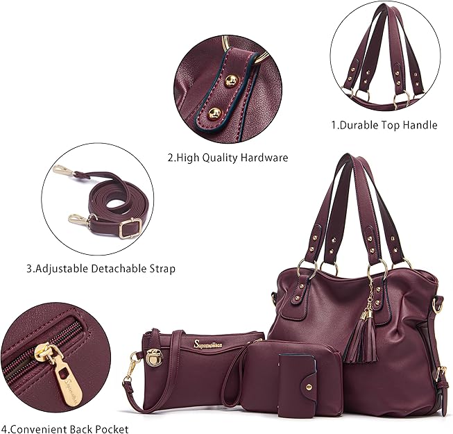 Soperwillton Fashion Handbag for Women Shoulder Bag Top Handle Satchel Hobo Tote Bag Purse Set 4pcs