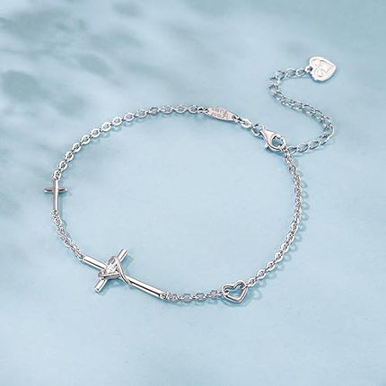 AmorAime 925 Sterling Silver Cross Bracelet for Women Christian Faith Bracelet 14K Gold Plated Bracelets Believe CZ Adjustable for Easter or Holiday