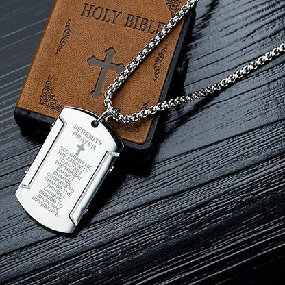 Rehoboth Men's Bible Verse Dog Tag Serenity Lord's Prayer Cross Pendant Necklace with 24 Inch Stainless Steel Chain for Men Silver Black