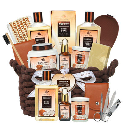 Fathers Day Spa Gift Set, 12pcs Spa Basket Set Coconut & Almond Scented includes Body Wash, Bubble Bath, Bath Soak, Manicure Set, Gifts for Mom, Birthday Gifts for women, Gift for Her Home Spa Kit