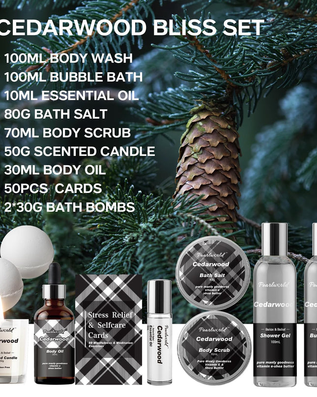 12Pcs Men's Spa Gift Set - Cedarwood Bath & Body Care Kit, Home Spa Set with Natural, Perfect Gifts for Men - Father's Day, Birthday, Valentine's & Christmas