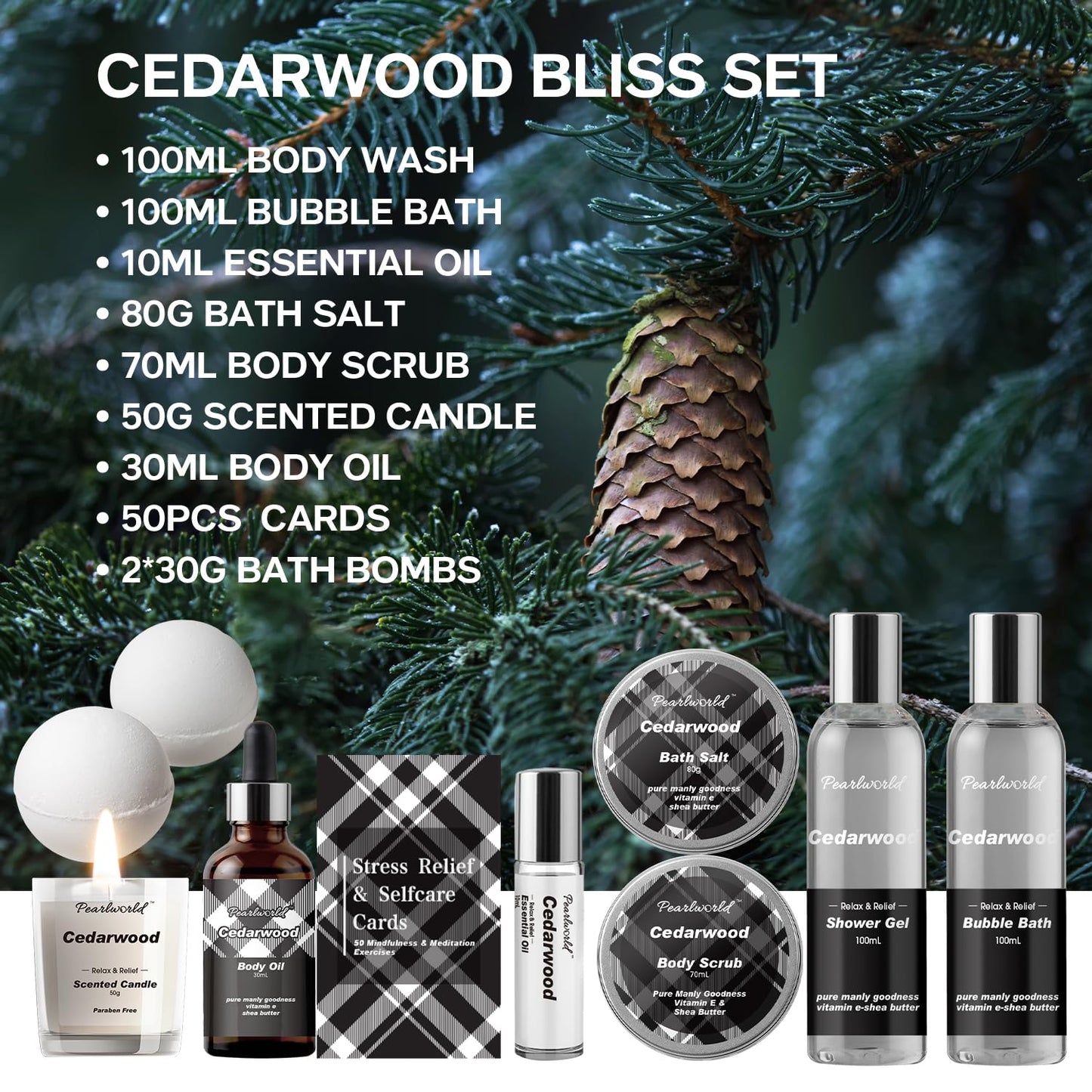 12Pcs Men's Spa Gift Set - Cedarwood Bath & Body Care Kit, Home Spa Set with Natural, Perfect Gifts for Men - Father's Day, Birthday, Valentine's & Christmas