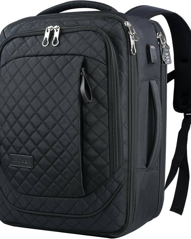 KROSER Laptop Backpack Large Computer Carry On Backpack Fits up to 17.3 Inch Laptop with USB Charging Port Water-Repellent Travel Backpack Casual Daypack for Business/College//Men-Quilted Black