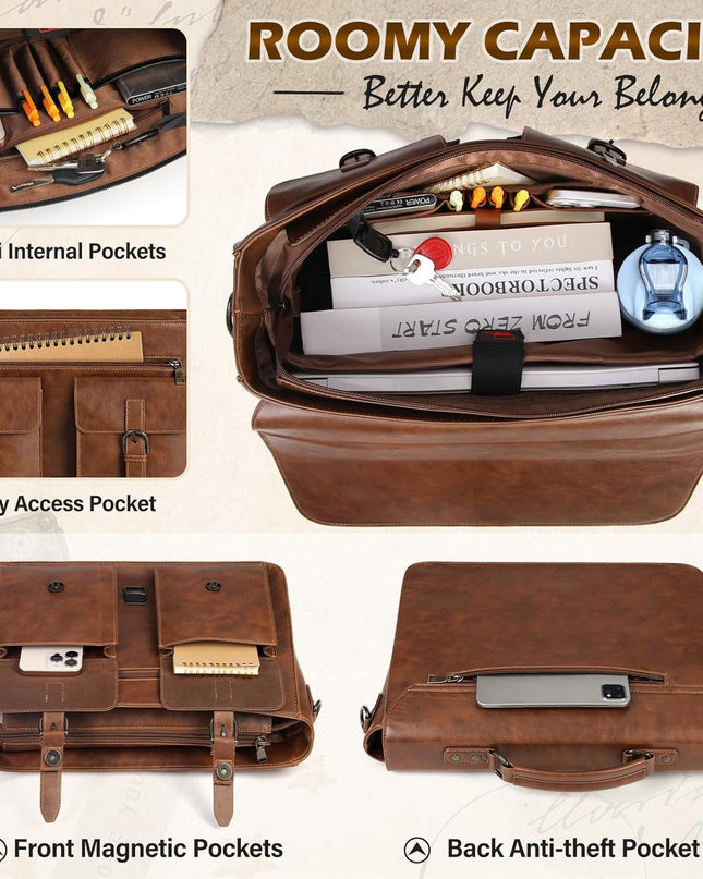 RAINSMORE Messenger Bag for Men 15.6 Inch Leather Vintage Laptop Briefcase Large Laptop Bag Waterproof Satchel Bag Computer Shoulder Bag for Office Work Travel College, Brown