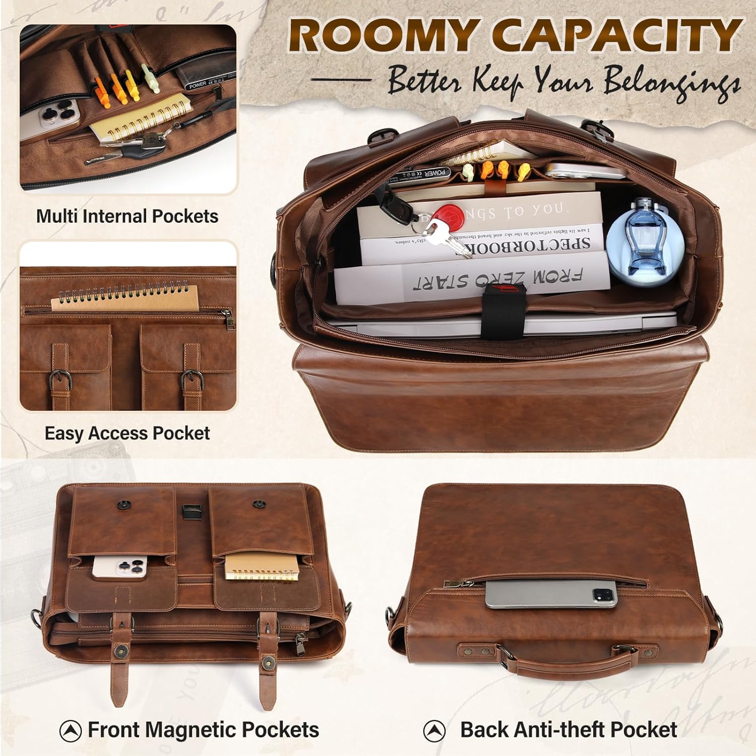 RAINSMORE Messenger Bag Leren Laptoptas 17.3 Inch Vintage Briefcase voor Mannen Waterdichte Satchel Schoudertas voor Werk Kantoor Zakelijk College Bruin RAINSMORE Messenger Bag Leren Laptoptas 17.3 Inch Vintage Briefcase voor Mannen Waterdichte Satchel Schoudertas voor Werk Kantoor Zakelijk College Bruin