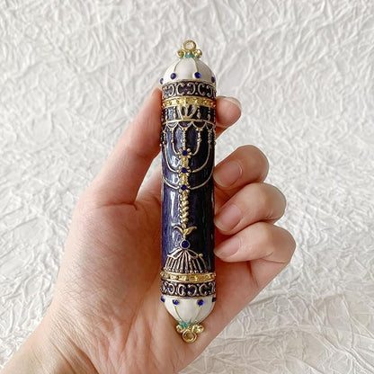 Mezuzah, Exquisite Black and Gold Enamel Mezuzah with Blue Crystal Accent