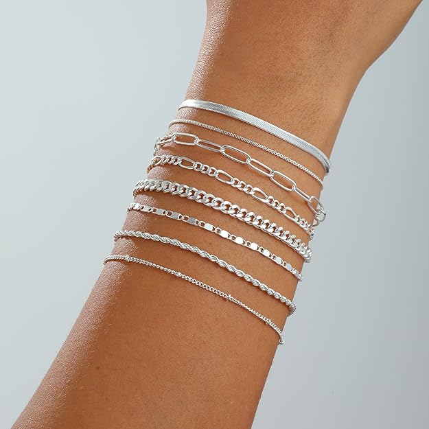 Kyerlyn Silver Gold Bracelets for Women Waterproof, 14K Real Gold Jewelry Sets for Women Trendy Dainty Stackable Cuban Link Paperclip Chain Bracelet