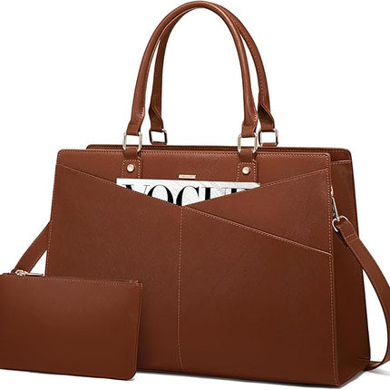 LOVEVOOK Laptop Tote Bag for Women, Leather Business Office Work Bag Computer Briefcase with Small Clutch fit for 15.6 Inch Laptop Brown