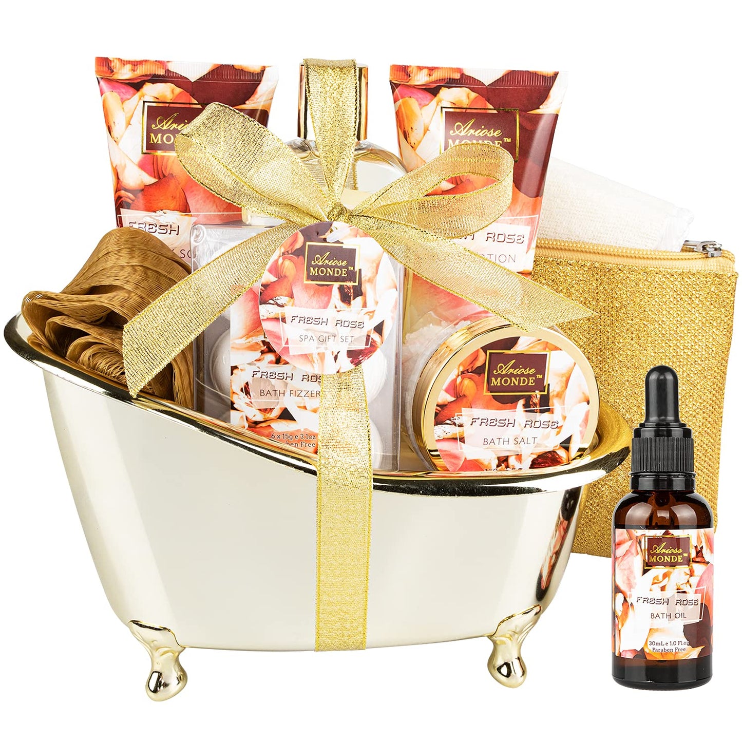 Bath and Body Gift Set for Women & Men, 10 Pcs Spa Gift Basket with Fresh Rose Scent, Includes Shower Gel, Bubble Bath, Body Lotion and Scrub, Bath Salt, Bath Bombs, Bath Puff, Bath Oil