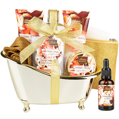 Bath and Body Gift Set for Women & Men, 10 Pcs Spa Gift Basket with Fresh Rose Scent, Includes Shower Gel, Bubble Bath, Body Lotion and Scrub, Bath Salt, Bath Bombs, Bath Puff, Bath Oil