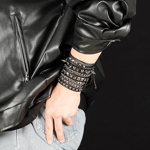 Leather Punk Rock Cuff Bracelets for Men Women Retro Vintage Chain 80s Wristband Set for Man Woman