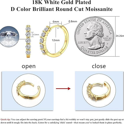 Moissanite Huggie Hoop Earrings - 0.06ct D Color VVS1 Lab Created Moissanite Earrings in 18K White Gold Plated Sterling Silver - Dainty Small Women's & Men's Huggie Hoops