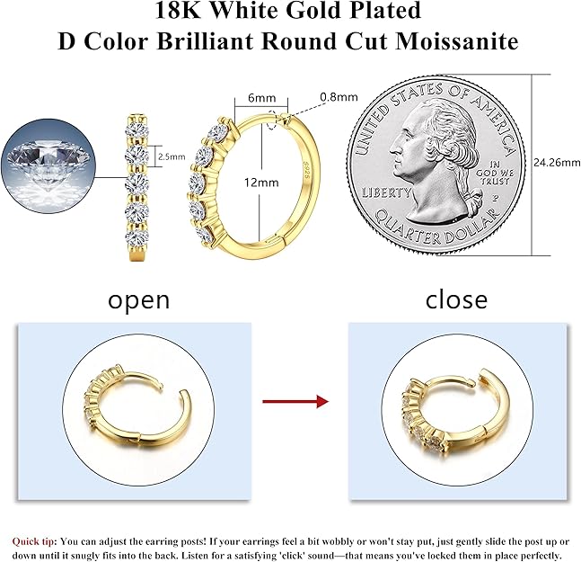 Moissanite Huggie Hoop Earrings - 0.06ct D Color VVS1 Lab Created Moissanite Earrings in 18K White Gold Plated Sterling Silver - Dainty Small Women's & Men's Huggie Hoops