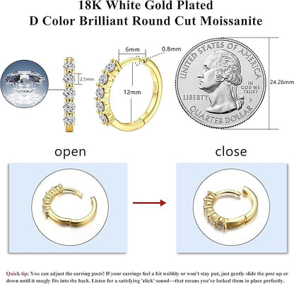 Moissanite Huggie Hoop Earrings - 0.06ct D Color VVS1 Lab Created Moissanite Earrings in 18K White Gold Plated Sterling Silver - Dainty Small Women's & Men's Huggie Hoops