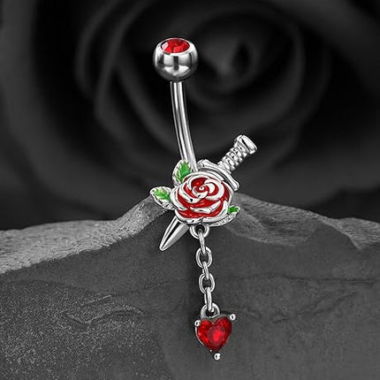 Jewseen 14g Halloween Belly Button Rings Surgical Stainless Steel Belly Rings Heart Floral Dangle Belly Button Piercing Navel Rings for Women Men
