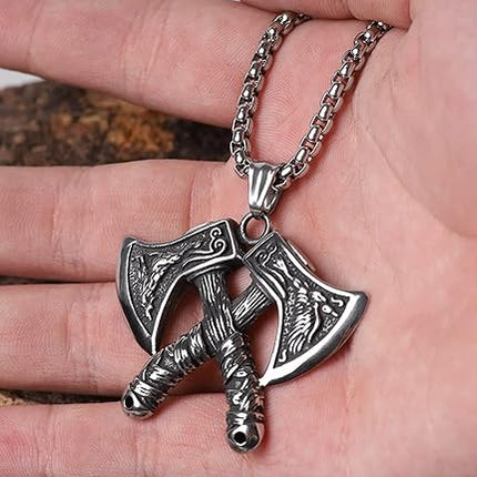 HAQUIL Viking Battle Axe Necklace, Norse Wolf Raven Axe Amulet Pendant, Viking Jewelry Gift for Men