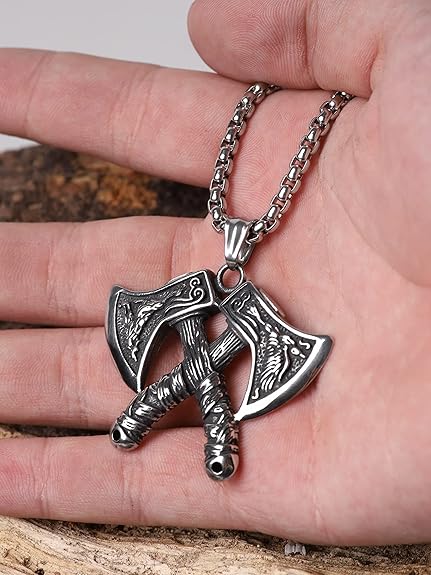 HAQUIL Viking Battle Axe Necklace, Norse Wolf Raven Axe Amulet Pendant, Viking Jewelry Gift for Men