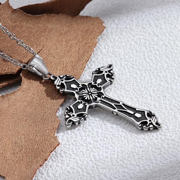 HEXALOVA Cross Necklace for Men Silver Cross Chain for Men Gothic Cross Pendant Mens Cross Necklaces Stainless Steel Cross Necklace for Women Boys Goth Necklace Christian Jewelry