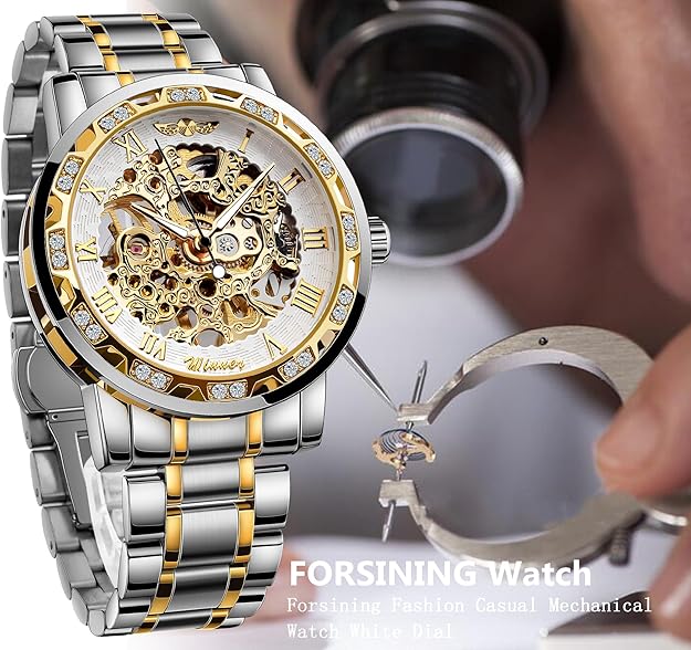 Winner Retro Manual Mechanical Skeleton Watch with Diamond and Carving Flower Craft Men Skeleton Wrist Watch Mechanical Classic Roman Number