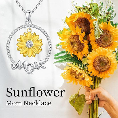 LONAGO Sunflower Mom Necklace for Women Silver Mom Pendant Necklace for Mother Grandmother Mother Day Gift