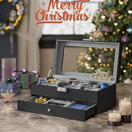 SONGMICS 12-Slot Watch Box, Lockable Watch Case with Glass Lid, 2 Layers, with 1 Drawer for Rings, Bracelets,Christmas Gift, Black Synthetic Leather, Gray Lining UJWB012