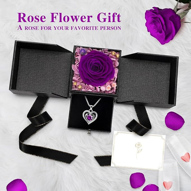 Birthday Flower Gifts for Women Wife Girlfriend, Preserved Real Rose with Necklace for Wife, Eternal Rose Jewelry Box with LED Light, Anniversary for Her, Christmas Gifts for Mom Grandma(Purple)