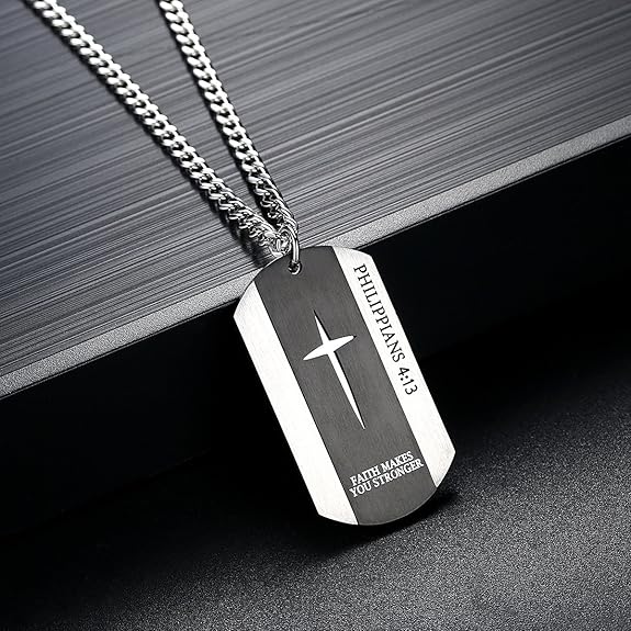 REVEMCN Black Silver Stainless Steel Bible Verse Cross Dog Tag Pendant Necklace for Men, 24-28 Inches Chain