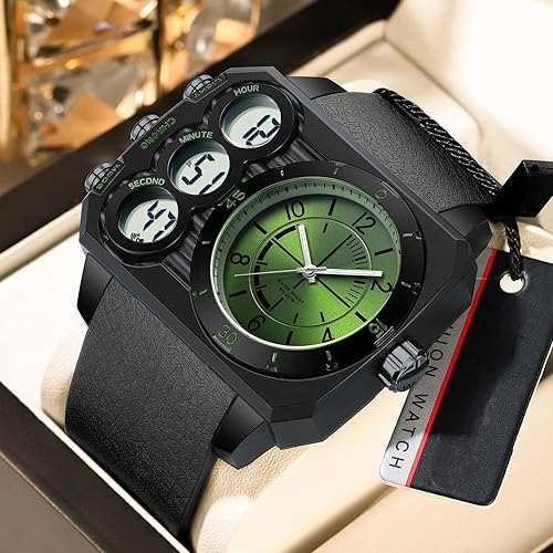 findtime Big Face Watch for Men Square Large Face Cool Mens Watches with Three Time Zone Countdown Alarm LED Stopwatch Unique Cool Wristwatch